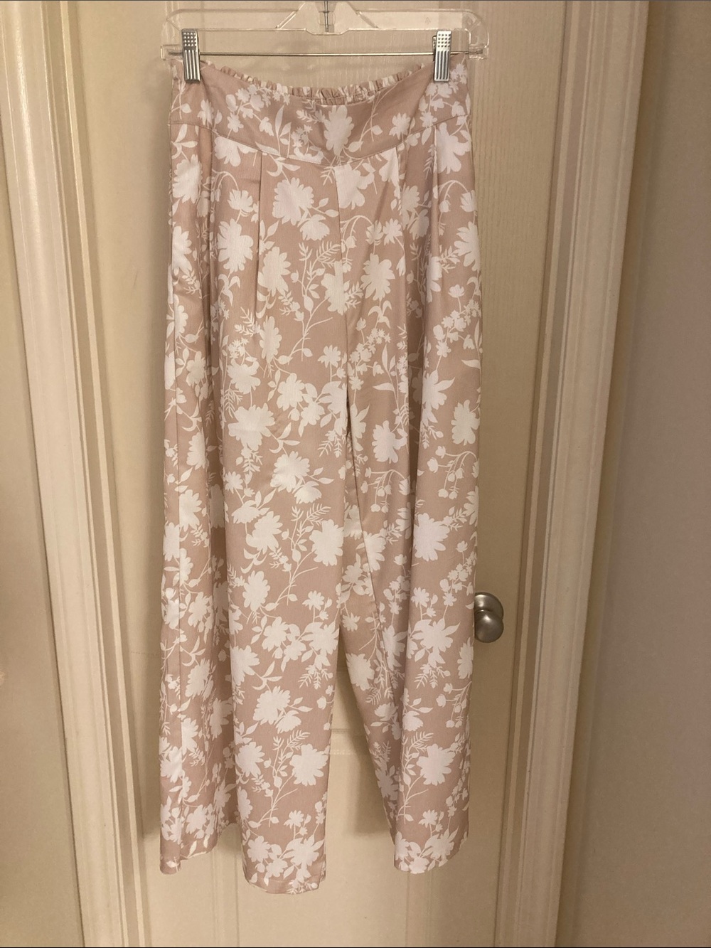 Beige and White Floral Wide-Leg Pants